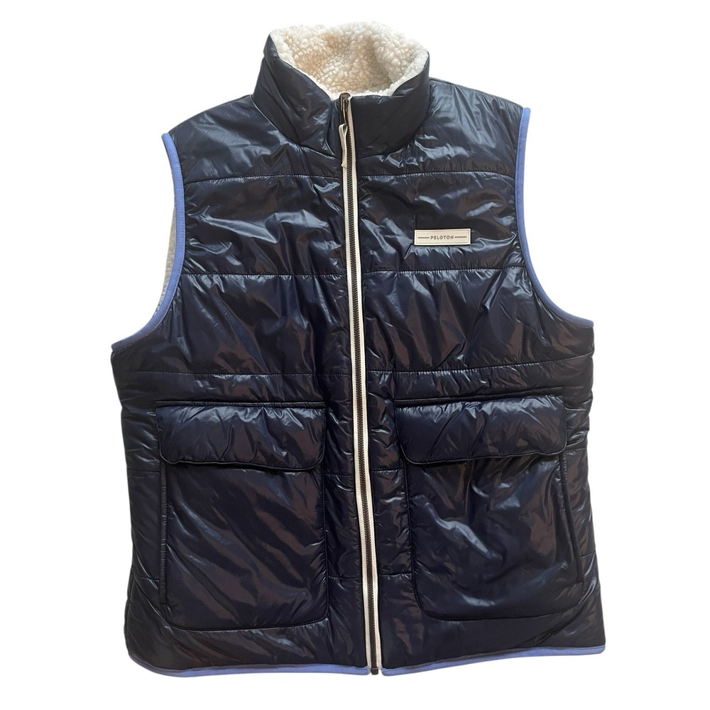 Peloton Women's Size S Cozy Fleeze Reversible Vest Sherpa Navy Blue Pockets Zip